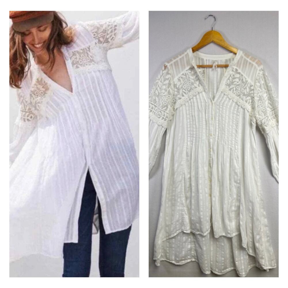 Feather Bone Anthropology Lucille White High Low Crochet ButtonTop Tunic